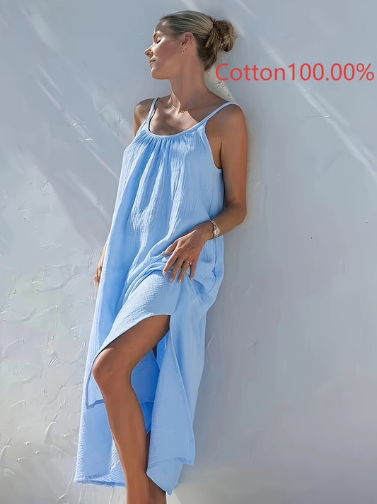 Damen Maxikleid in Hellblau ohne Ärmel mit Seitenschlitz - Atmungsaktiv, mit Rüschen-Detail, perfekt für Sommerurlaub, Strand oder Casual-Outfits, Strandkleid