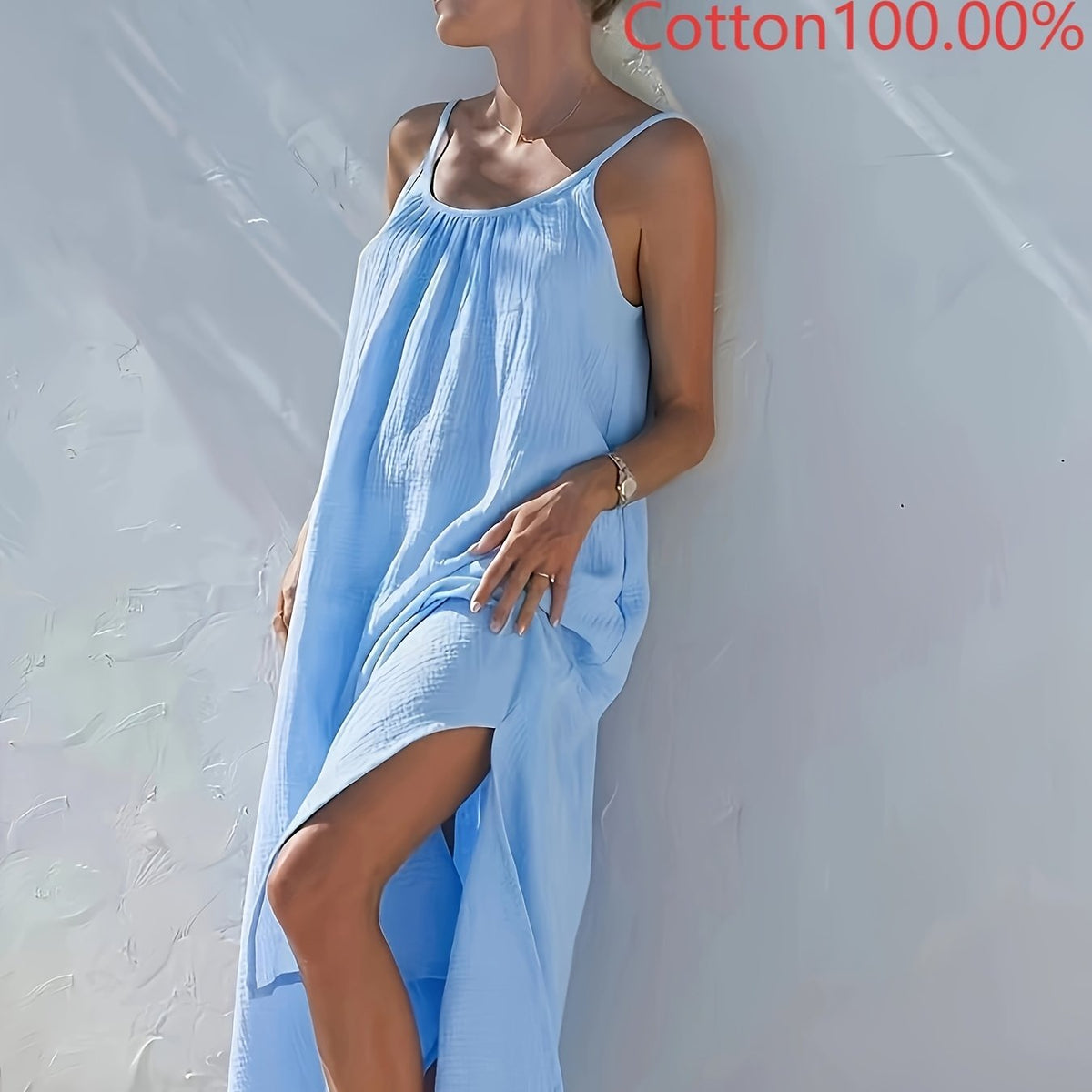 Damen Maxikleid in Hellblau ohne Ärmel mit Seitenschlitz - Atmungsaktiv, mit Rüschen-Detail, perfekt für Sommerurlaub, Strand oder Casual-Outfits, Strandkleid